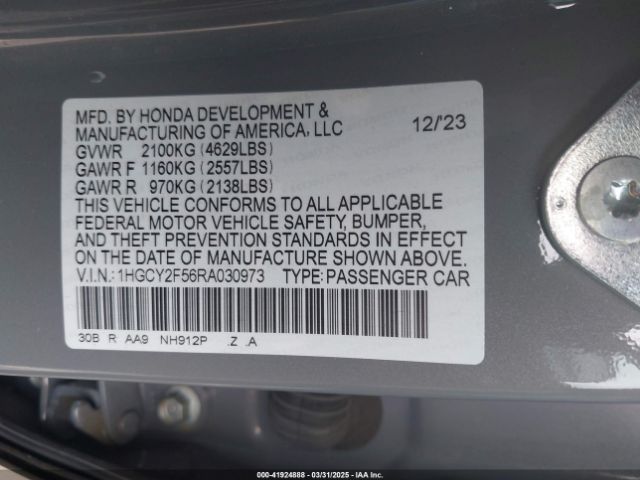 1HGCY2F56RA030973 Honda Accord Hybrid Sport