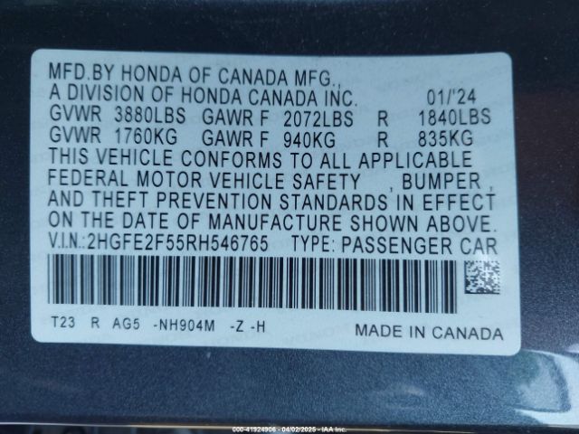 2HGFE2F55RH546765 Honda Civic Sport