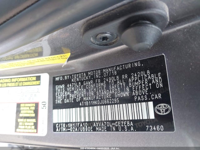 4T1B11HK0JU662295 Toyota CAMRY L