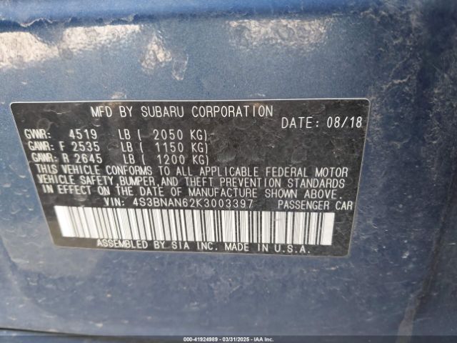 4S3BNAN62K3003397 Subaru Legacy 2.5i Limited