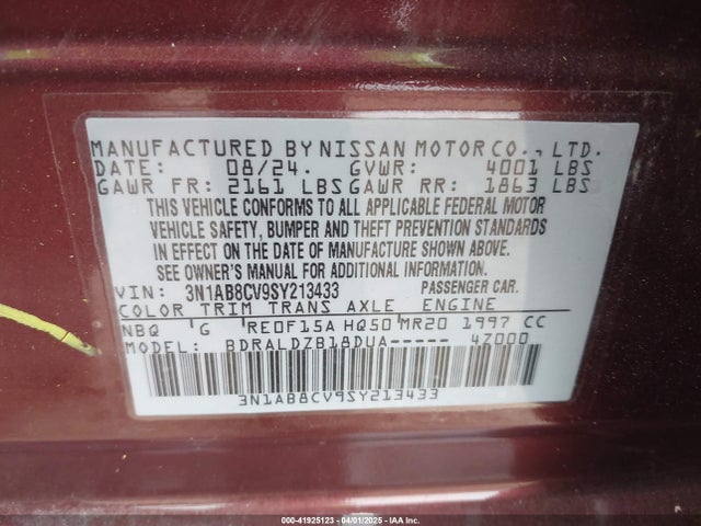 3N1AB8CV9SY213433 Nissan SENTRA SV