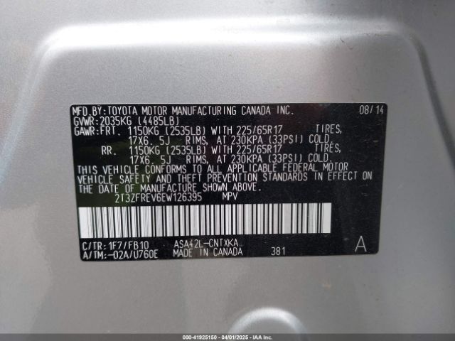 2T3ZFREV6EW126395 Toyota RAV4 LE