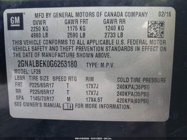 2GNALBEK0G6263180 Chevrolet EQUINOX LS