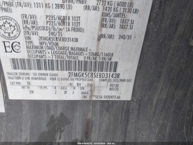 2FMGK5C85EBD31438 Ford FLEX SEL