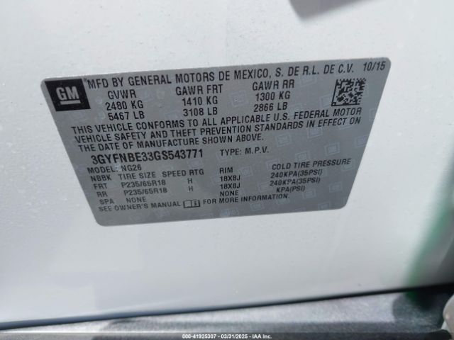 3GYFNBE33GS543771 Cadillac Srx Luxury Collection
