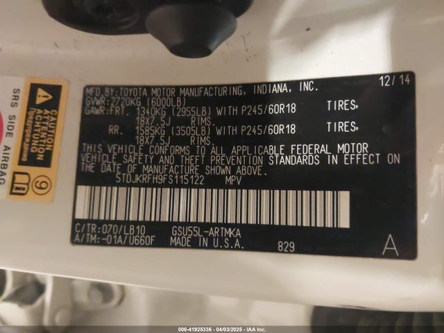 5TDJKRFH9FS115122 Toyota Highlander Xle V6