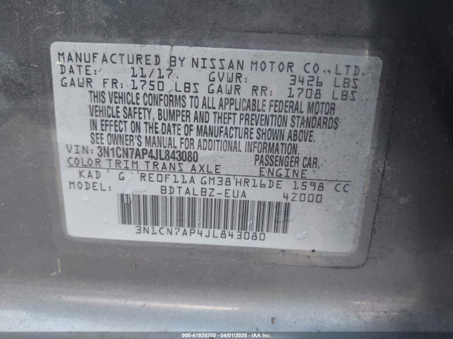 3N1CN7AP4JL843080 Nissan Versa 1.6 Sv