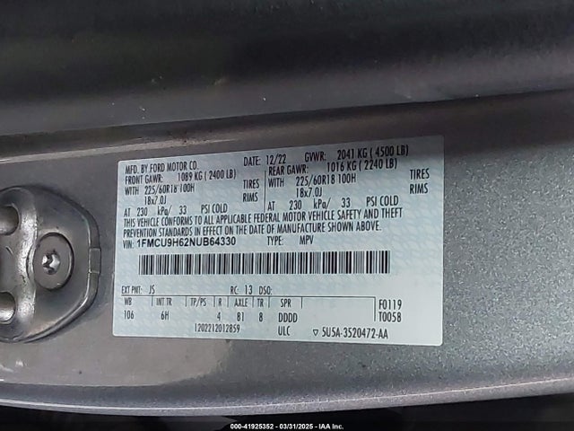 1FMCU9H62NUB64330 Ford ESCAPE SEL