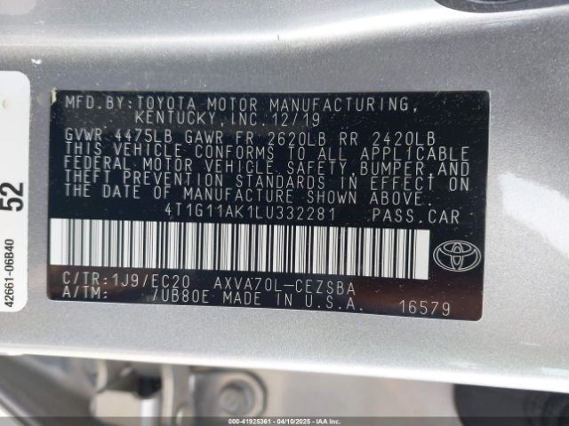 4T1G11AK1LU332281 Toyota Camry Se Nightshade Edition