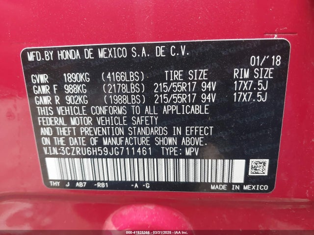 3CZRU6H59JG711461 Honda HR-V EX