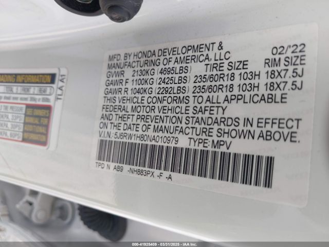 5J6RW1H80NA010979 Honda Cr-v 2wd Ex-l