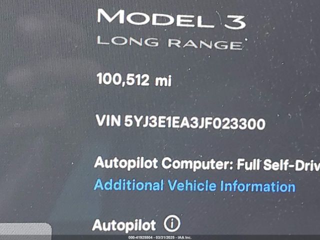 5YJ3E1EA3JF023300 Tesla Model 3 Long Range/mid Range