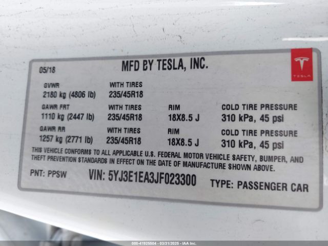 5YJ3E1EA3JF023300 Tesla Model 3 Long Range/mid Range