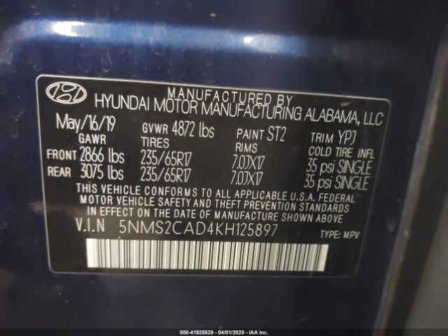 5NMS2CAD4KH125897 Hyundai Santa Fe Se