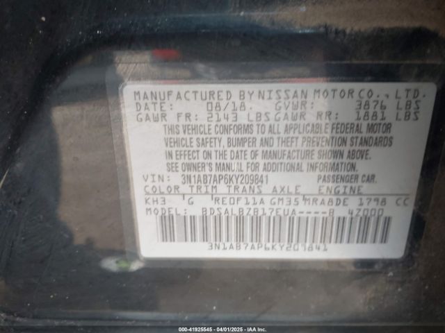 3N1AB7AP6KY209841 Nissan SENTRA S
