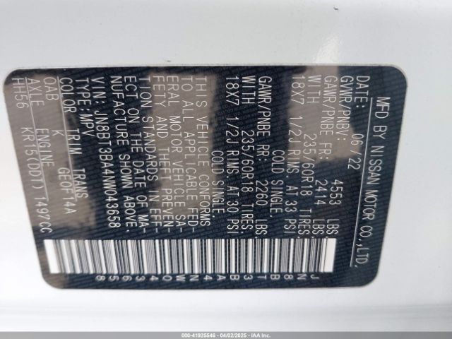 JN8BT3BA4NW043658 Nissan Rogue Sv Fwd