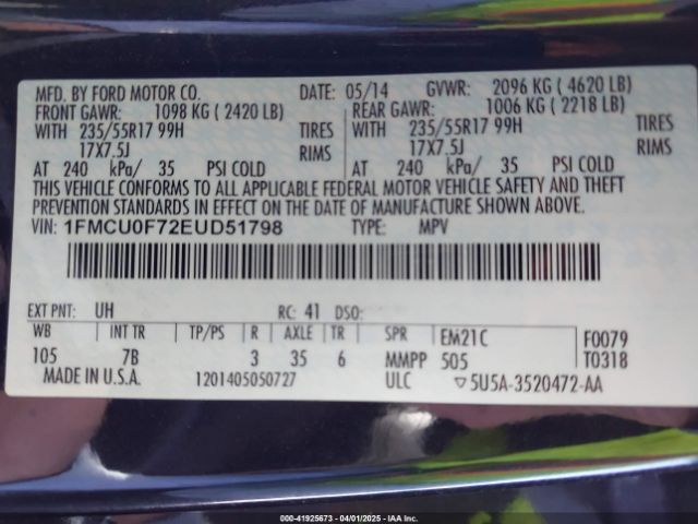 1FMCU0F72EUD51798 Ford ESCAPE S