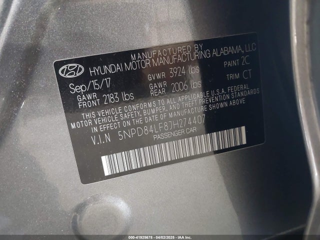 5NPD84LF8JH274407 Hyundai ELANTRA SEL