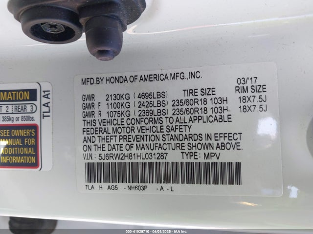 5J6RW2H81HL031287 Honda Cr-v Ex-l/ex-l Navi