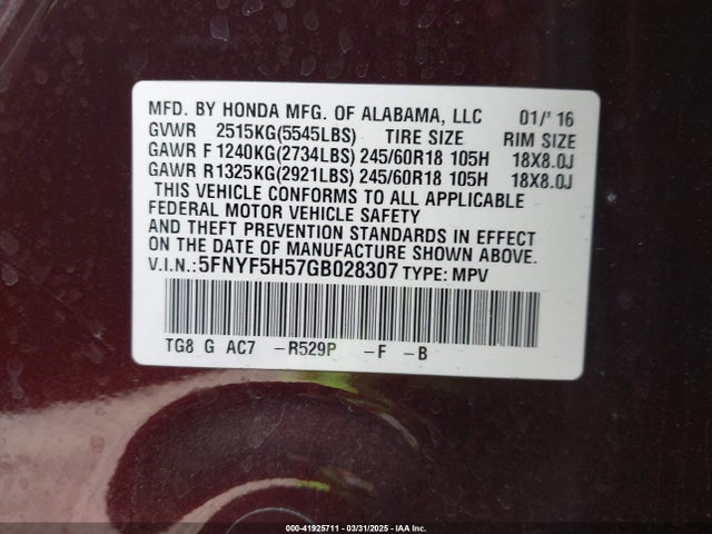 5FNYF5H57GB028307 Honda Pilot Ex-l