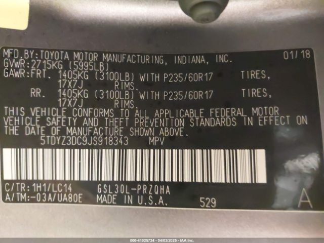 5TDYZ3DC9JS918343 Toyota Sienna Xle 8 Passenger