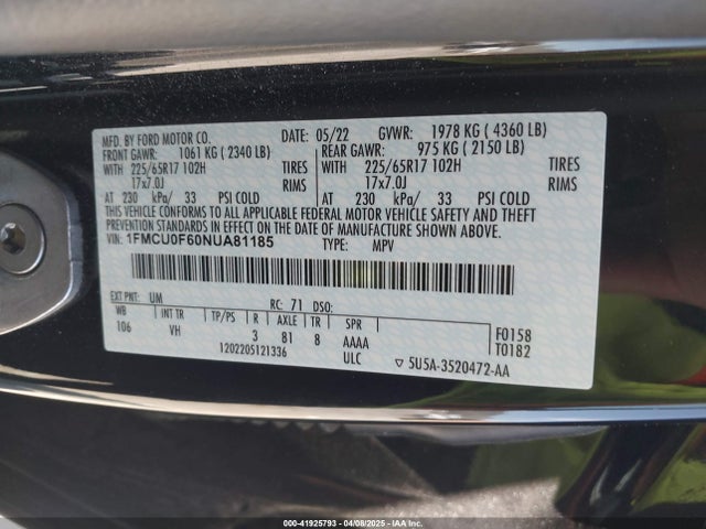 1FMCU0F60NUA81185 Ford ESCAPE S