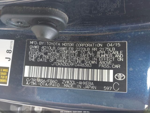 JTDKN3DU9F0448383 Toyota Prius Three