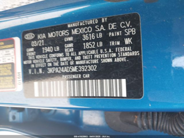 3KPA24AD5ME392302 KIA RIO S