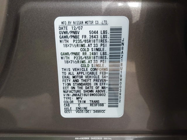 Aukcja sprzedaży 2009 Nissan Murano Sl, vin: JN8AZ18U19W003902, numer aukcji: 41925909