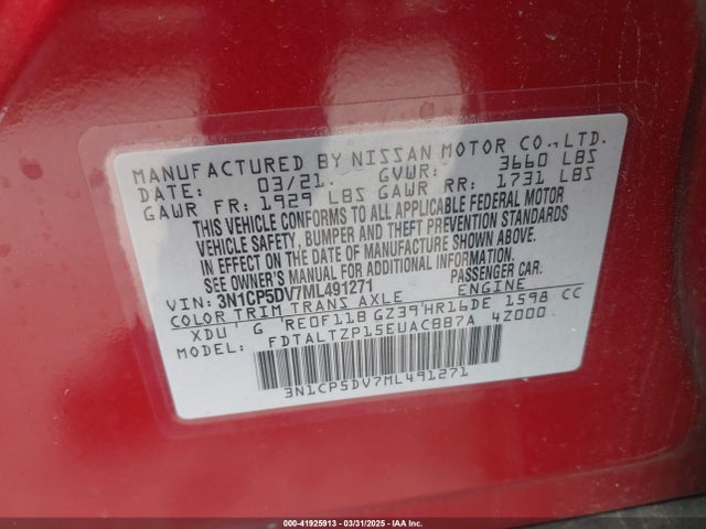 3N1CP5DV7ML491271 Nissan Kicks Sr Xtronic Cvt
