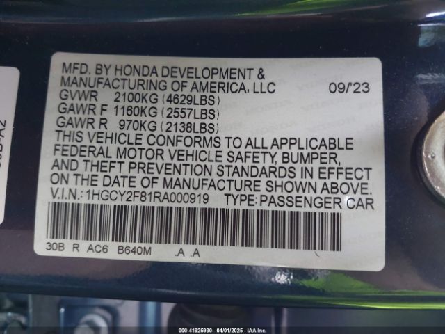 1HGCY2F81RA000919 Honda Accord Hybrid Touring