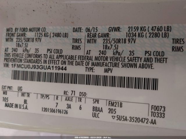 1FMCU0J93GUA11944 Ford Escape Titanium