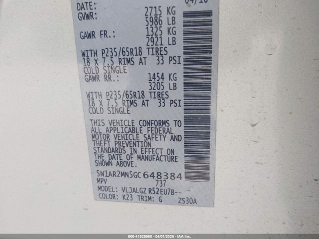 5N1AR2MN5GC648384 Nissan Pathfinder Sl