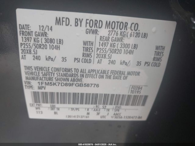 1FM5K7D89FGB58776 Ford EXPLORER XLT