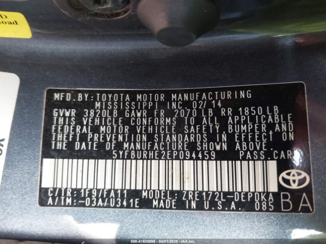 5YFBURHE2EP094459 Toyota COROLLA L