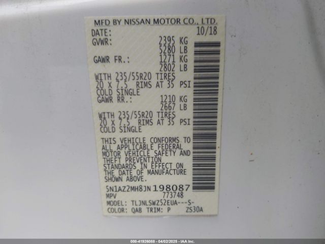 5N1AZ2MH8JN198087 Nissan Murano Platinum