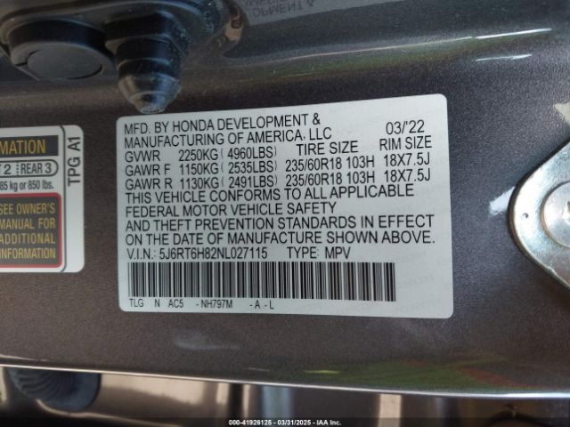 5J6RT6H82NL027115 Honda Cr-v Hybrid Ex-l