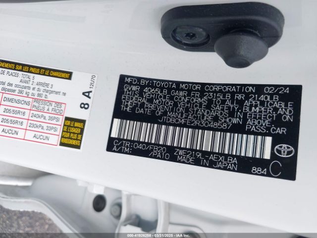 JTDBCMFE2R3048587 Toyota Corolla Hybrid Le