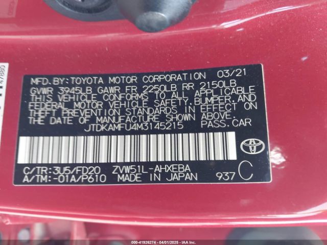 JTDKAMFU4M3145215 Toyota Prius Le