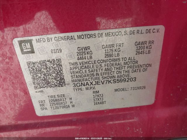 3GNAXJEV7KS599203 Chevrolet EQUINOX LT