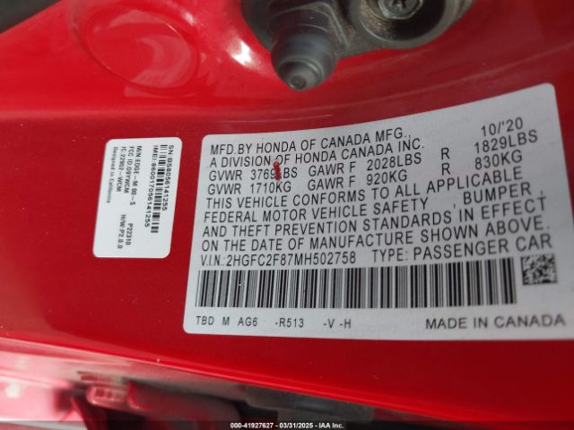 2HGFC2F87MH502758 Honda Civic Sport