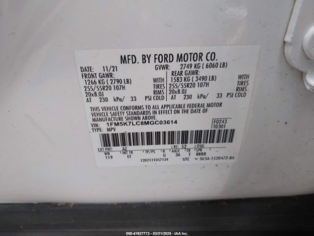 1FM5K7LC8MGC03614 Ford Explorer King Ranch
