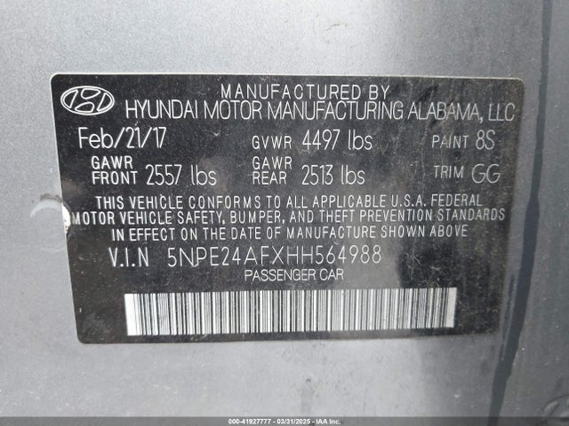 5NPE24AFXHH564988 Hyundai SONATA SE