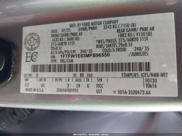 2021 FORD F-150 1FTFW1E83MFB96550 Photo 8