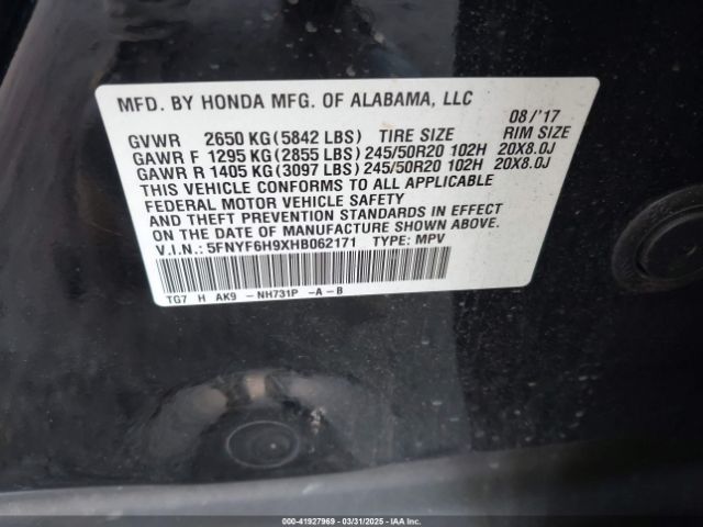 5FNYF6H9XHB062171 Honda Pilot Touring