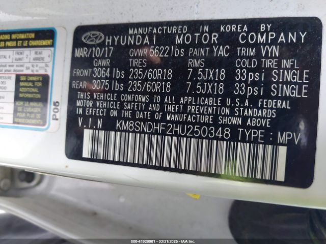 KM8SNDHF2HU250348 Hyundai Santa Fe Limited