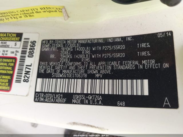 5TDDW5G10ES106318 Toyota Sequoia Platinum 5.7l V8