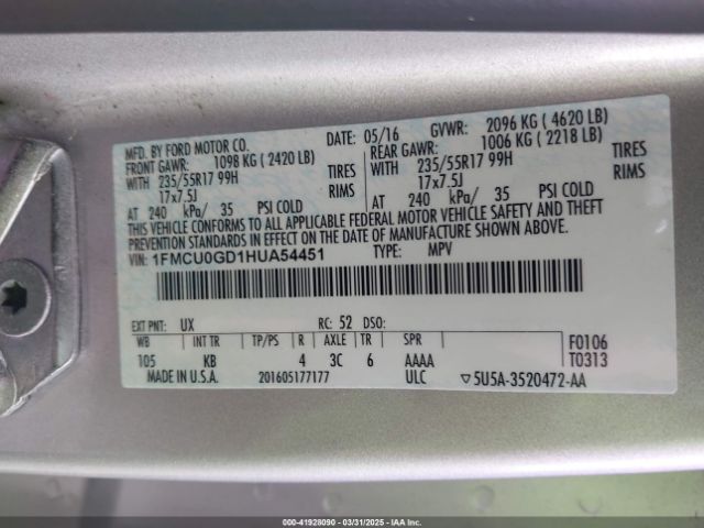 1FMCU0GD1HUA54451 Ford ESCAPE SE