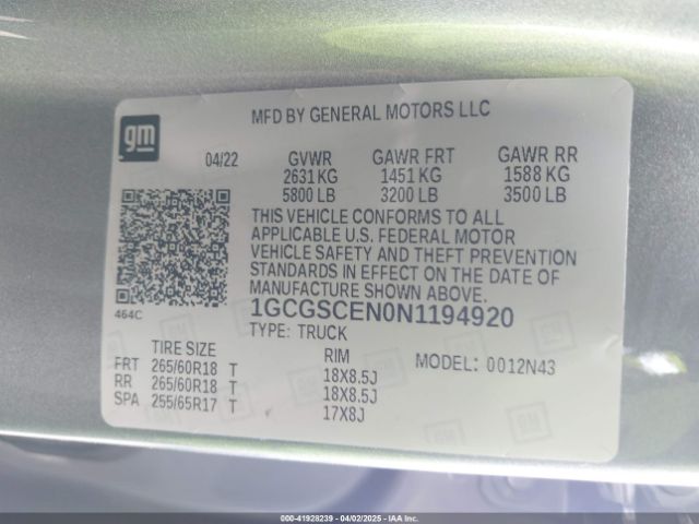 1GCGSCEN0N1194920 Chevrolet Colorado 2wd  Short Box Lt