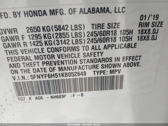 5FNYF6H51KB052648 Honda Pilot Ex-l